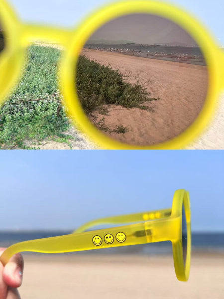 Yellow sunglasses with smiley face buttons held up to a landscape view.